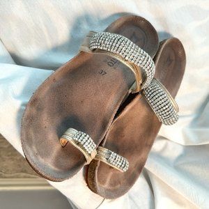 Mephisto Metallic Rhinestone Strappy Toe Loop Comfort Slide Sandal